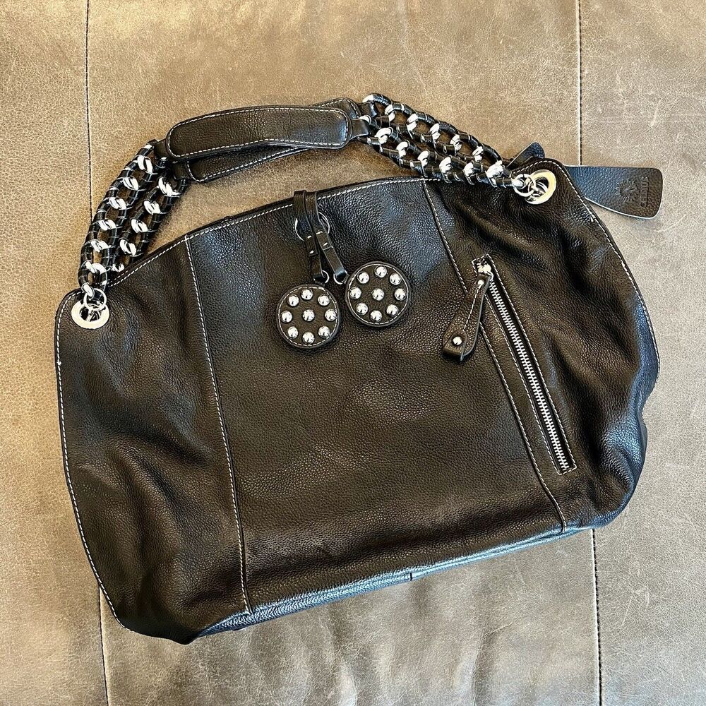 Celcius Black Pebbled Leather Hobo Bag Studded Chain Strap Y2K Moto Rocker VTG